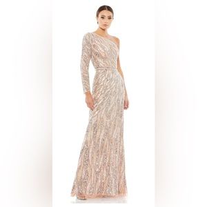 Mac Duggal One-Shoulder Sequin Maxi Dress in Silver and Cream